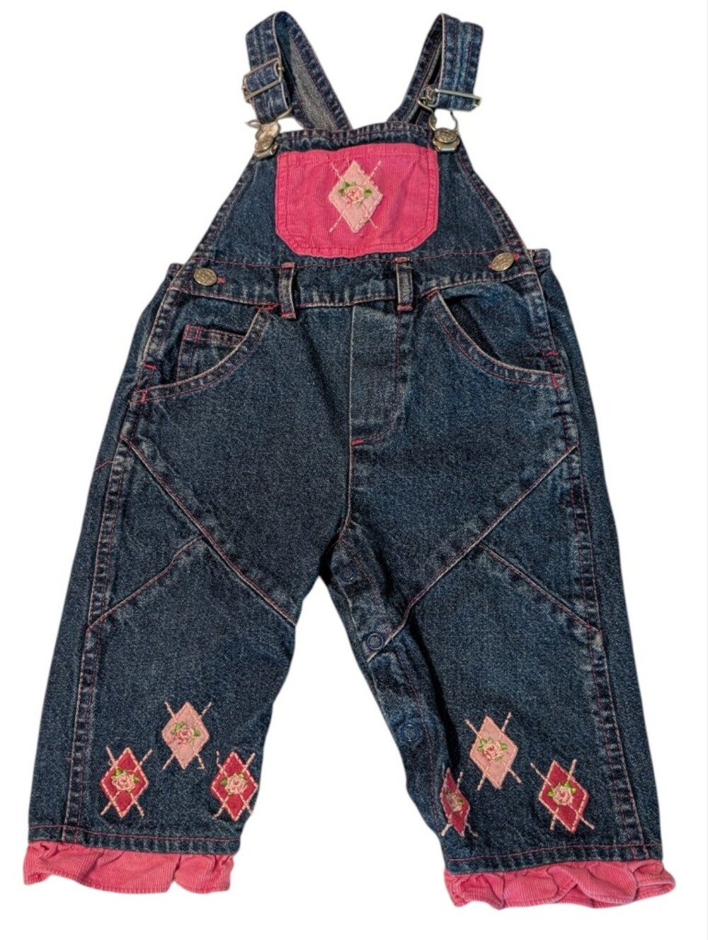 90s Y2K Vintage Baby Infant Toddler Girl Pink Floral Denim Corduroy Overalls